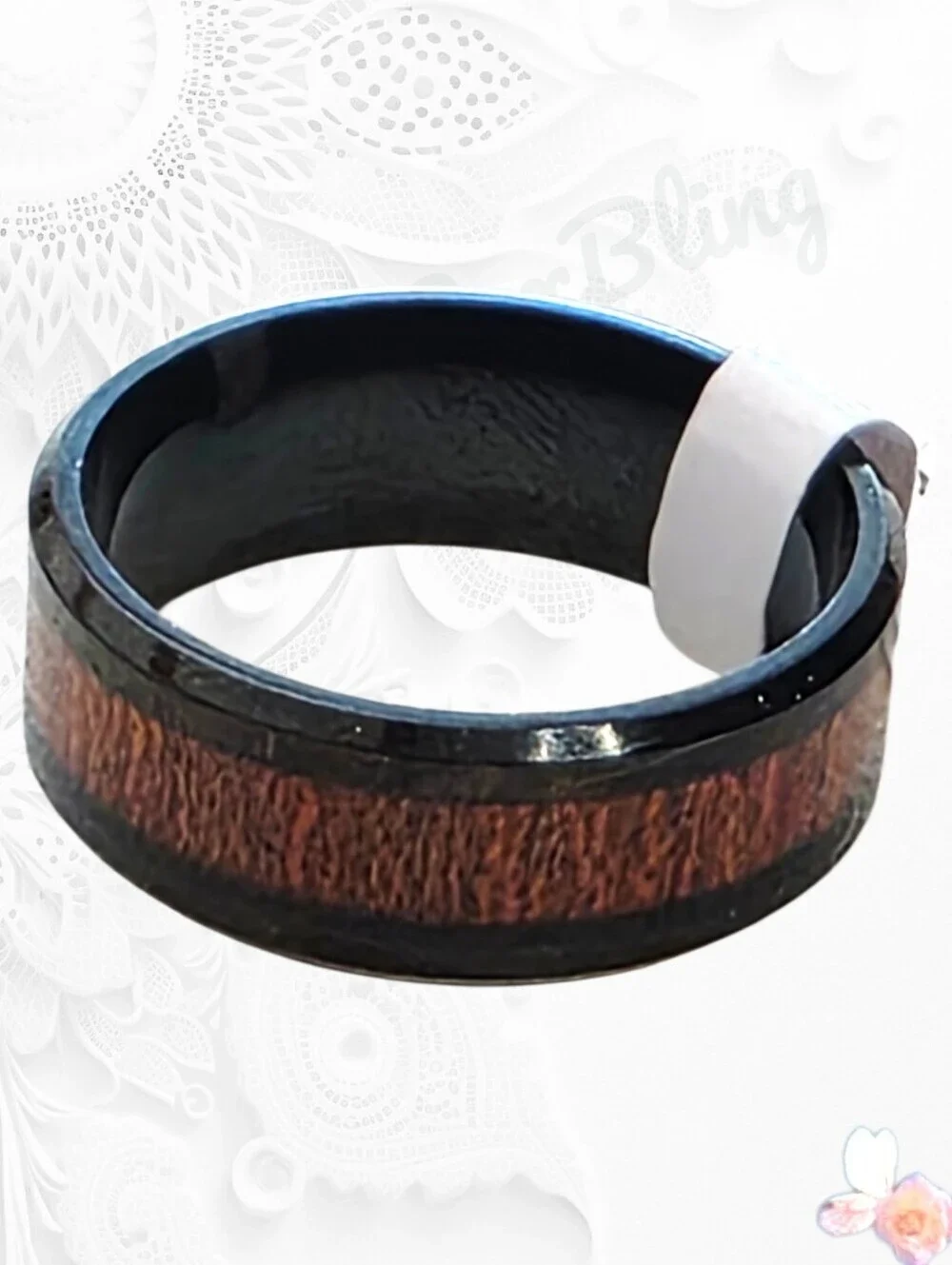 Men's Black Wood Inlay Band Ring Rustic Modern Men’s Size 8.5 Or 9.5